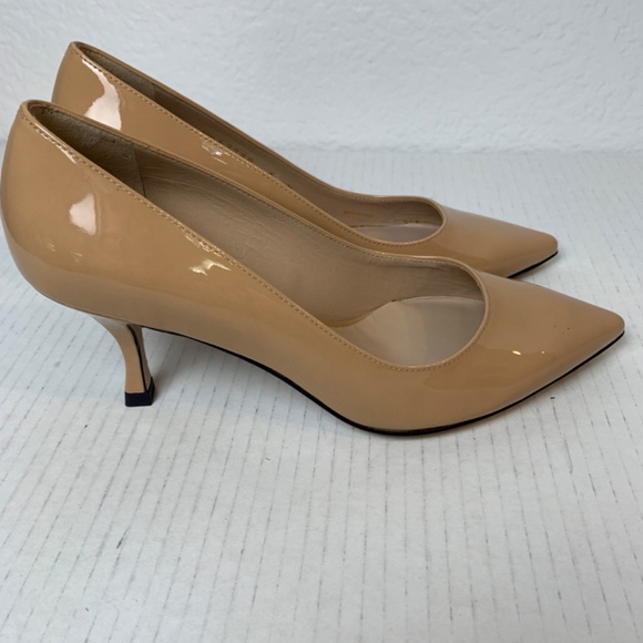 Stuart Weitzman Kitten Pump Size 5M Nude/Tan Patent Leather Made In Spain Classy - Picture 3 of 11